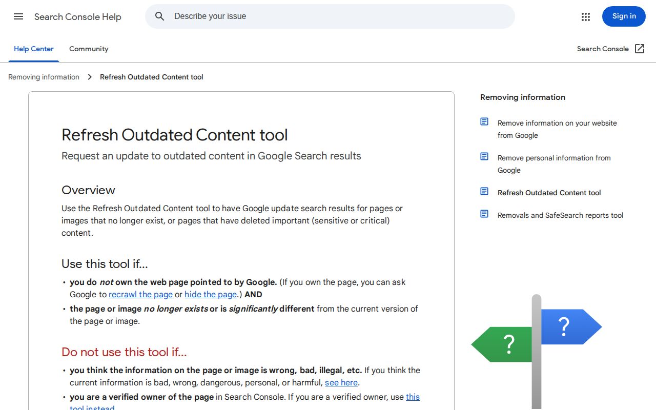 Google guidance for refreshing outdated search results